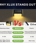 Comparison of solar lights with black stainless steel housing, features warm white glow, for steps and fencing.