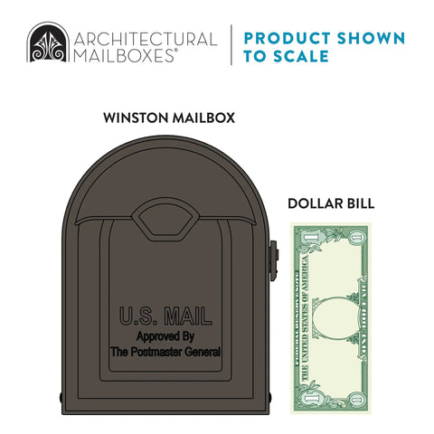 Winston Post Mount Mailbox In Rubbed Bronze All Weather Ready Outdoor Mailbox alongside dollar bill for scale comparison.