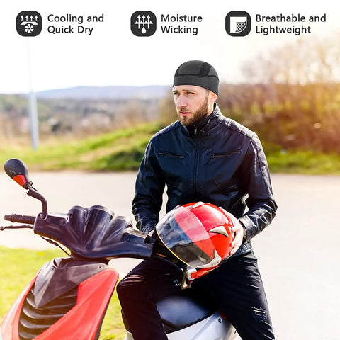 Man wearing Cooling Mesh Helmet Liner Beanie For Men And Women Sweat Wicking Skull Cap Under Helmets For Cycling Running And Workouts.