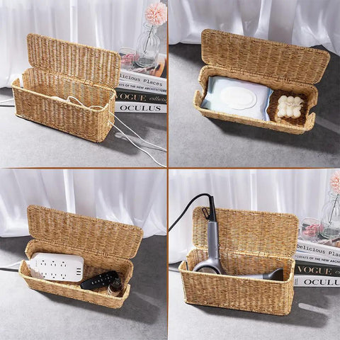 Handmade Rattan Cable Management Box With Two Open Slots For Power Strips Routers And USB Hubs Cord Hider For Clean Minimalist Home Office Setup Natural Finish Patent Protected Design 13 By 5 By 5 Inches in different uses.