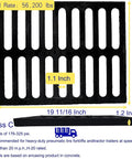 Heavy Duty Cast Iron Drain Grate 20x16 Inch For Garage And Driveway Built To Last With Ductile Iron Outdoor Trench Cover Black Rectangle Metal Sewer Grate High Load Capacity True 19.7x15.7 For Heavy Traffic, detailed dimensions and load rate displayed.