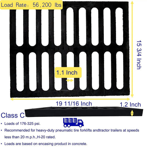 Heavy Duty Cast Iron Drain Grate 20x16 Inch For Garage And Driveway Built To Last With Ductile Iron Outdoor Trench Cover Black Rectangle Metal Sewer Grate High Load Capacity True 19.7x15.7 For Heavy Traffic, detailed dimensions and load rate displayed.