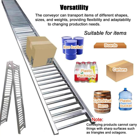 Beefy Heavy Duty Portable Folding Conveyor Belt With Two-Meter Stainless Steel Roller For Truck Trailers, Eleven Point Eight Inch Wide Light Duty Unpowered Slides, Built For Durable, Versatile Industrial Material Handling. conveyor with carton and item examples