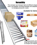 Foldable Stainless Steel Conveyor Belt System For Light Duty Use Unpowered Roller Conveyor For Trucks Factories Warehouses And Docks 23.6 Inch Wide By 19.6 Feet Long Portable Workhorse Built To Move Easy, shown with box on rollers