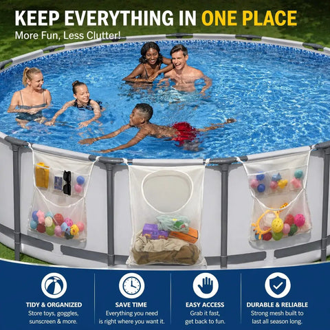 All-In-One Poolside Gear Organizer Set With Three Mesh Storage Bags attached to above ground pool