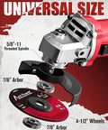 AVID POWER 4-1/2 in angle grinder, side view, red, 750W, with grinding and cutting wheels and handle
