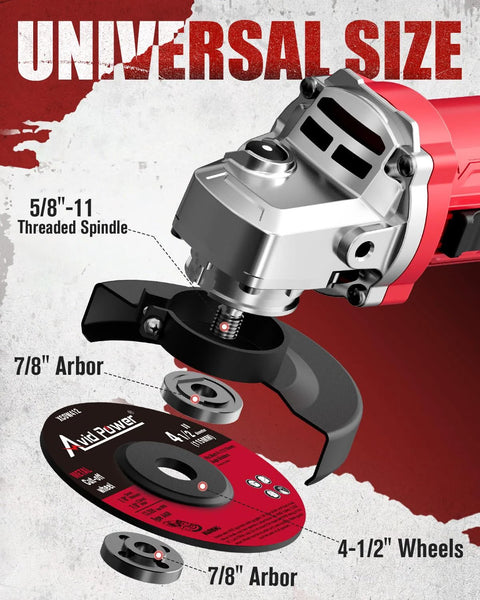 AVID POWER 4-1/2 in angle grinder, side view, red, 750W, with grinding and cutting wheels and handle