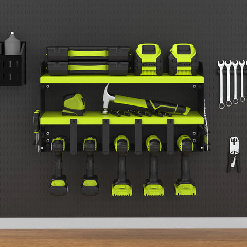 Power Tool Organizer With Five Drill Holders And Wall Mount Shelf Keep Your Garage Fresh With Cordless Drill Charging Station Premium Storage And Organization 5 Drill Shelf For Home Workshop Heavy Duty Green on wall with tools