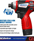G12 Series 12V Cordless Li Ion 1 Quarter Inch Impact Driver Kit With 82 Ft Lbs Torque Led Work Light featuring ACDelco branding.