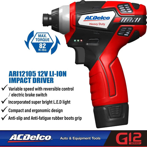 G12 Series 12V Cordless Li Ion 1 Quarter Inch Impact Driver Kit With 82 Ft Lbs Torque Led Work Light featuring ACDelco branding.