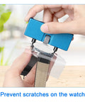 Watch Battery Replacement Kit With Back Opener And Spring Bar Tool, Rotate Open Case, Anti Scratch Film Pack in use for easy DIY repairs