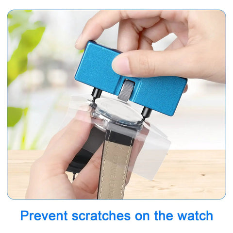 Watch Battery Replacement Kit With Back Opener And Spring Bar Tool, Rotate Open Case, Anti Scratch Film Pack in use for easy DIY repairs