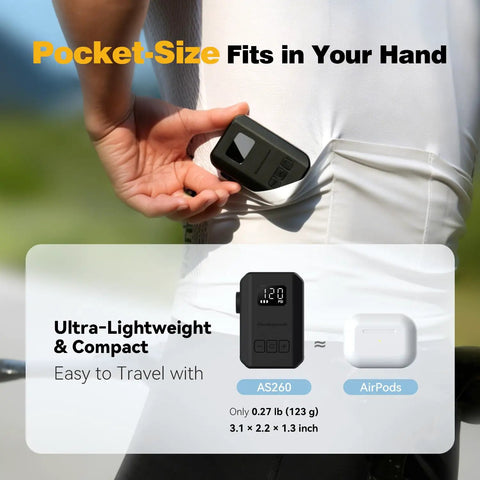 Person placing Mini Electric Bike Pump With Gauge And Auto Stop, USB C Rechargeable Jersey Pocket Ready Tire Inflator in pocket.