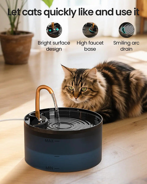 Cat Water Fountain With Copper Faucet, 71oz 2.1L Automatic Pet Hydration Dispenser next to a cat on wooden floor