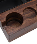 Close-up of Wooden Coffee Tamping Stand Station 4 In 1 Tamper Holder with 1.5L Stainless Steel Slag Box 58mm Nonslip Tamp Tray corner