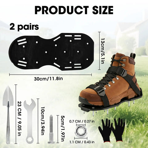 Illustration of Two Pairs Lawn Aerator Shoes with Hook and Loop Straps, showing size, tool set, and gardening gloves for easy use.