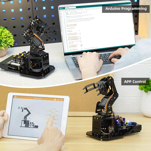 Robotic arm with Arduino 5DOF on black base, connected wires, beside a laptop displaying code.