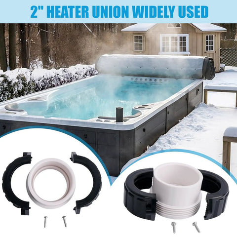 Hot Tub Heater Split Nut Union And Tailpiece 2 Inch Adapter Kit Set Of 2 With Washers shown with outdoor spa