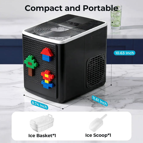Smooth Countertop Bullet Ice Maker With Zero Hassle Setup And Custom Brick Panel, compact design with colorful building blocks.