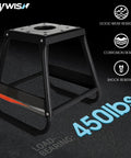 Detachable Dirt Bike Stand And Motorcycle Lift Panel, heavy-duty black frame, 450 lb capacity, with anti-slip surface, side view.