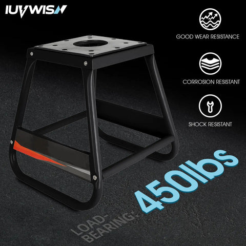 Detachable Dirt Bike Stand And Motorcycle Lift Panel, heavy-duty black frame, 450 lb capacity, with anti-slip surface, side view.