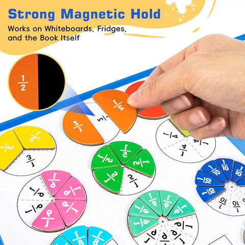 Hand placing orange magnetic tile on whiteboard; Fraction Playbook For Kids With Tiles And Circles Hands On Montessori Style Math Manipulatives