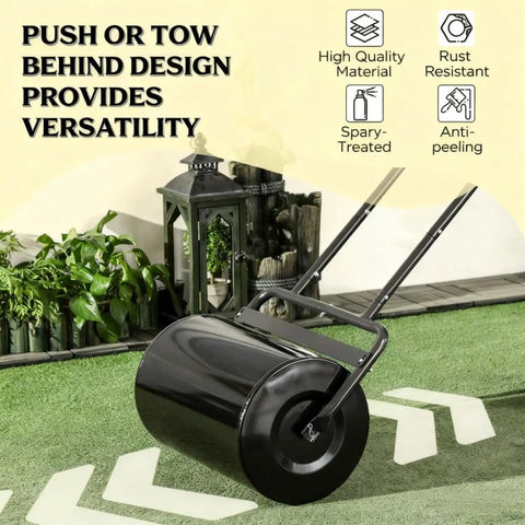 Versatile Push And Tow Lawn Roller With 10 Gallon Capacity for Water or Sand, black steel construction, on artificial turf