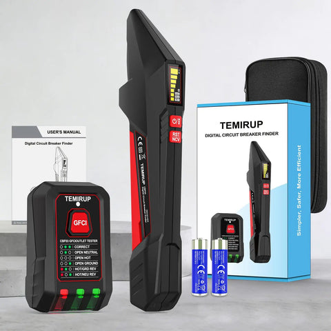 Two Part Circuit Breaker Finder Kit With Lcd Screen And Gfci Outlet Tester including manual, batteries, and digital reader.