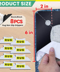 Non Slip Rug Corner Grippers Pack Of 8, Reusable Rug Corner Pads for hardwood floors, 2x6 inch size details on packaging.