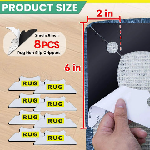 Non Slip Rug Corner Grippers Pack Of 8, Reusable Rug Corner Pads for hardwood floors, 2x6 inch size details on packaging.