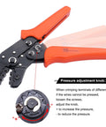 Heavy Duty Wire Crimping Pliers With Ratchet For Open Barrel Terminals, Insulated Grips, Pressure Adjustment Knob Detail