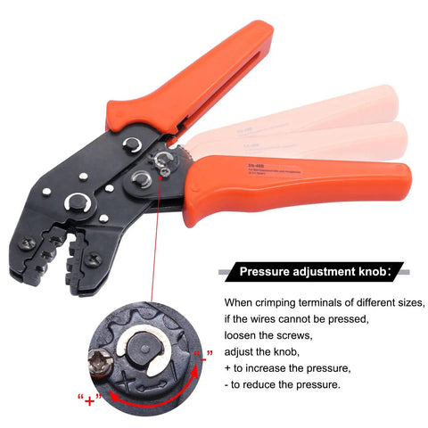Heavy Duty Wire Crimping Pliers With Ratchet For Open Barrel Terminals, Insulated Grips, Pressure Adjustment Knob Detail