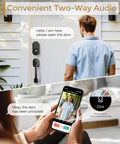 Next Level Wifi Smart Lock With Hd Camera And Video Doorbell Five In One Keyless Deadbolt Featuring Fingerprint Scanner Keypad For Zero Hassle Front Door Security with two-way audio in use.