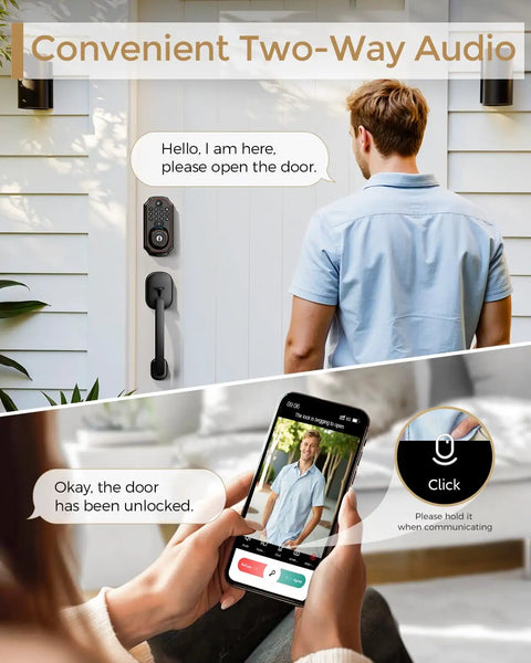 Next Level Wifi Smart Lock With Hd Camera And Video Doorbell Five In One Keyless Deadbolt Featuring Fingerprint Scanner Keypad For Zero Hassle Front Door Security with two-way audio in use.