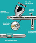 Eclipse HP-CS Airbrush Gravity Feed Dual Action Pro-Grade with E3 Nozzle and 0.24 Oz Cup, detailed parts view on blue background