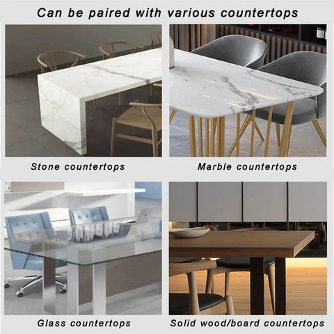 Different countertops paired with Heavy Duty Steel Table Legs And Removable Metal Frame For Dining Office Coffee Tables Pro Grade DIY Desk Brackets.