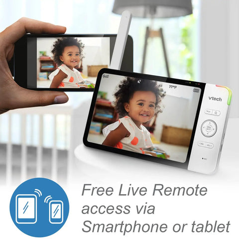 1080p WiFi Baby Monitor With 360° Pan Tilt 7-Inch Screen HD Night Vision showing child on smartphone and tablet via remote access