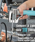 Shall mini grease gun with turquoise handle, side view held in hand, showing trigger lever and nozzle.