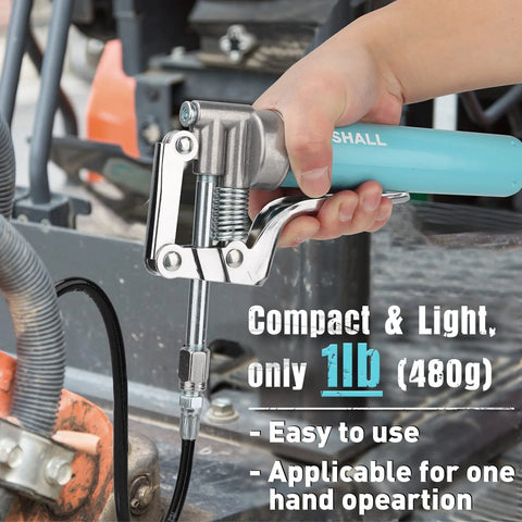 Shall mini grease gun with turquoise handle, side view held in hand, showing trigger lever and nozzle.