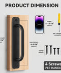 Black Barn Door Handles Kit 7.1 Inch Gate Handle for Outdoor Fence, Sliding Doors, and Cabinets with size dimensions and screws shown.