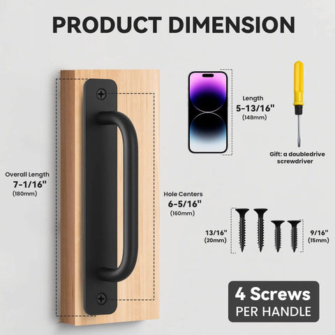 Black Barn Door Handles Kit 7.1 Inch Gate Handle for Outdoor Fence, Sliding Doors, and Cabinets with size dimensions and screws shown.