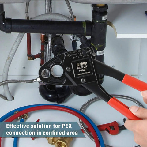 Angle Head PEX Crimping Tool for Copper Rings 1/2 and 3/4 Inch IWS-1234C Angle Combo Crimper used under sink plumbing