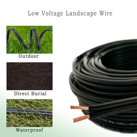 Low Voltage Landscape Lighting Wire 14 AWG 2 Conductor 100 Ft Black Waterproof Direct Burial Copper Cable Outdoor