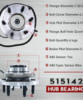 4WD Front Wheel Bearing Hub Assembly With ABS, 6-Lug Fit For Expedition And Navigator 2011-2014, Direct Replacement Hub 515142 For Front Wheel, Maintenance Grade OEM Style, Ready To Install, detailed specifications displayed.