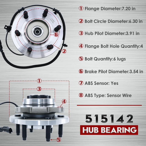 4WD Front Wheel Bearing Hub Assembly With ABS, 6-Lug Fit For Expedition And Navigator 2011-2014, Direct Replacement Hub 515142 For Front Wheel, Maintenance Grade OEM Style, Ready To Install, detailed specifications displayed.