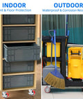 5 Inch Industrial Caster Set Of 4 With Brakes under tool cabinet and cleaning cart, illustrating indoor and outdoor use.