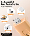 USB Rechargeable Clip On Reading Light With Amber And Warm White Modes showing charging options with car charger, power bank, laptop, and phone charger