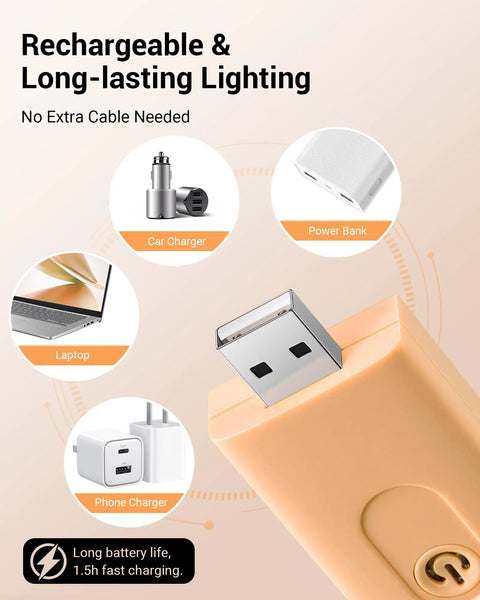 USB Rechargeable Clip On Reading Light With Amber And Warm White Modes showing charging options with car charger, power bank, laptop, and phone charger