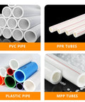 Collage of PVC, PPR, plastic, and MPP pipes in various colors and sizes, highlighting types of pipes compatible with threading kit.