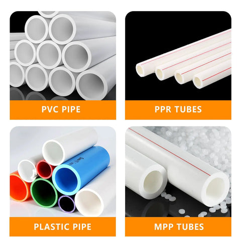 Collage of PVC, PPR, plastic, and MPP pipes in various colors and sizes, highlighting types of pipes compatible with threading kit.